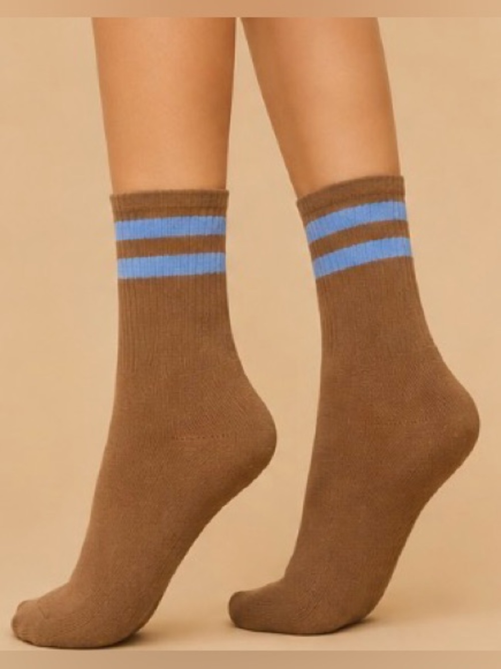 Women's Brown Pilates Ribbed Socks with Light Blue Stripe